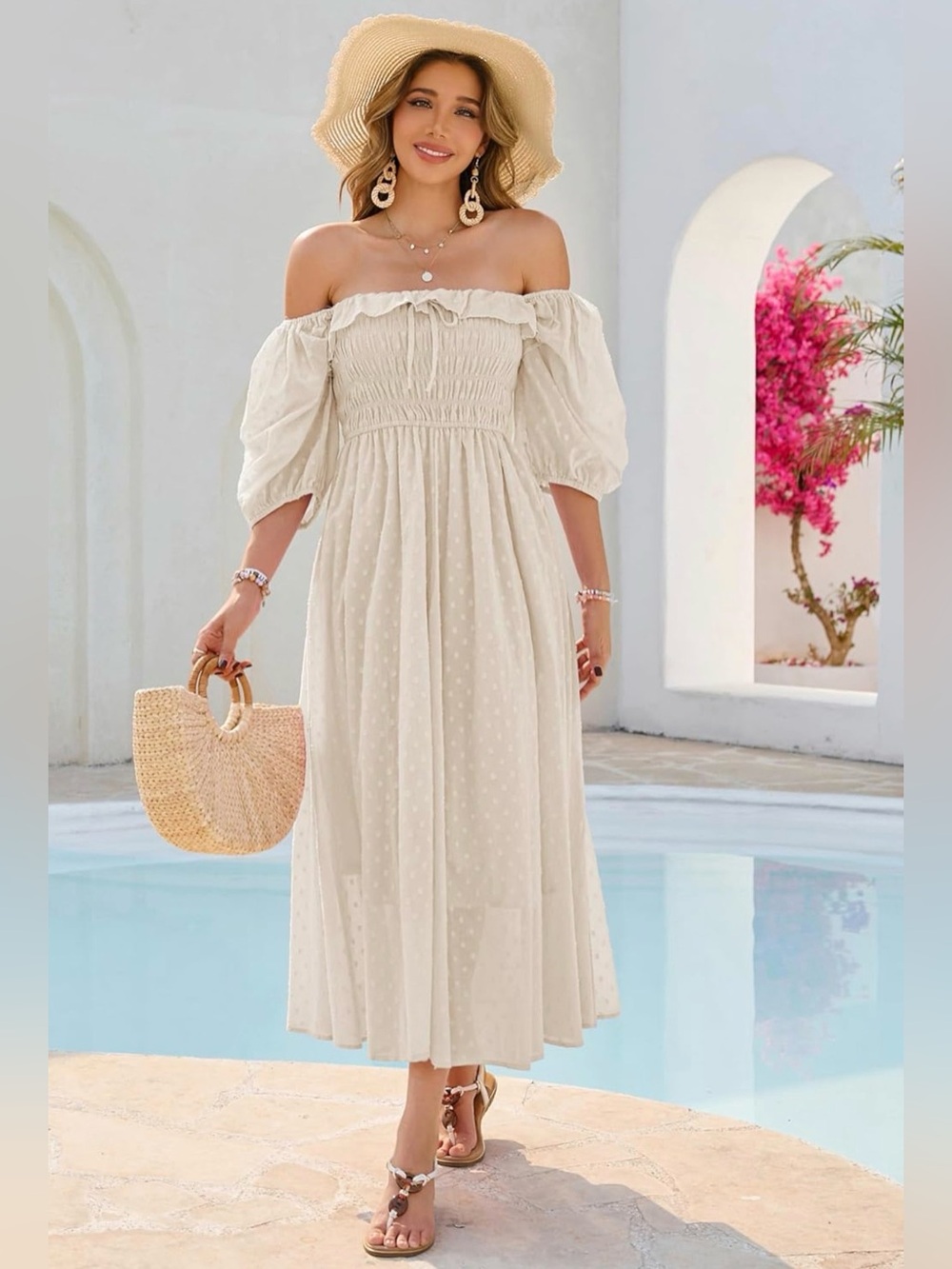 Cream Swiss Dot Puff Sleeve Midi Dress
